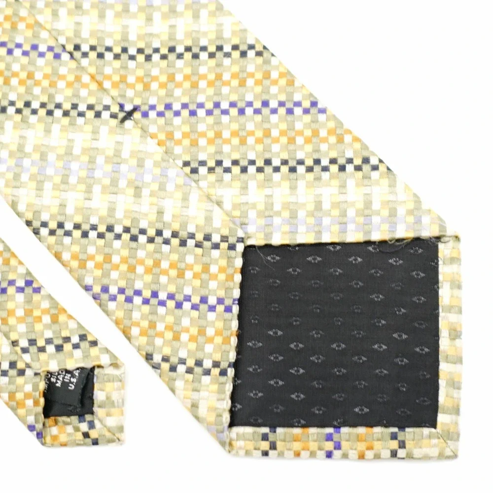 Metropolitan Lord & Taylor Yellow Blue Striped‎ Check Woven Silk Tie Made In USA